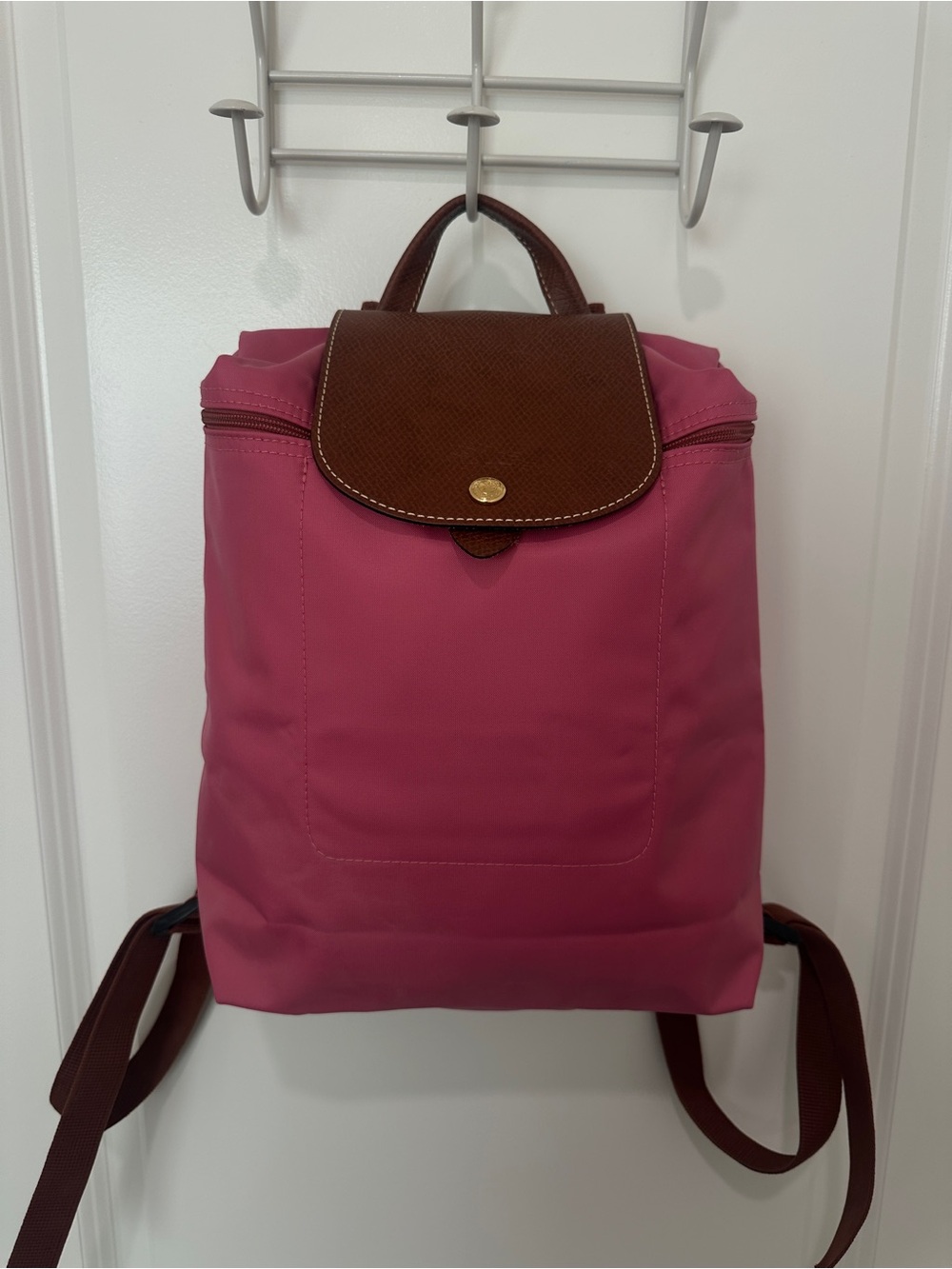 Longchamp Le Pliage Backpack Pink Nylon Brown Leather Flap Gold Snap